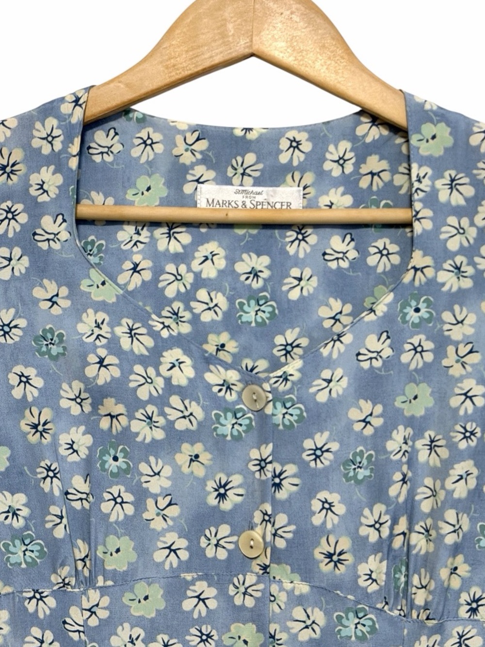 Vintage 80’s Marks & Spencer Button Front Floral Midi Dress In Pale Blue Mix | 6 - Picture 6 of 14